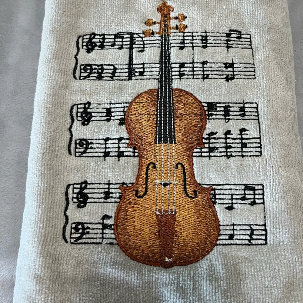 Violin theme embroidered pair of hand hand towels Handcrafted.